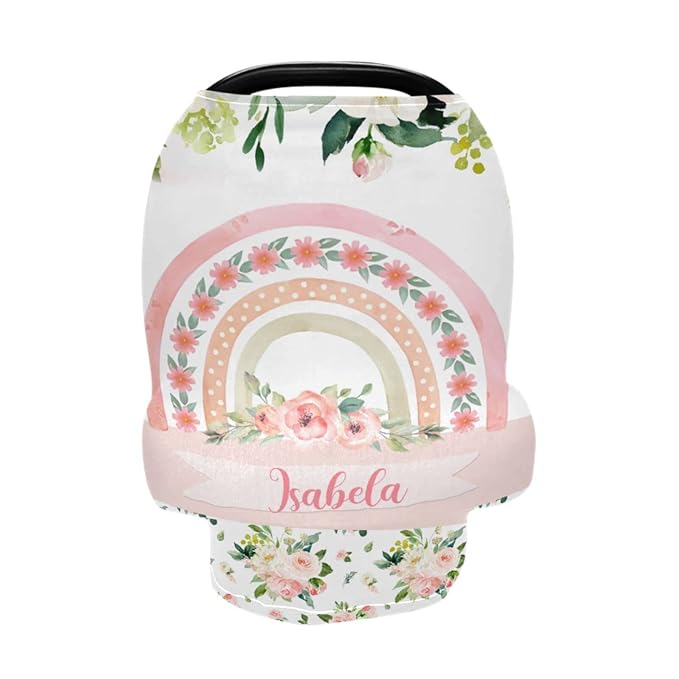 Personalized Baby Car Seat Cover for Girls, Custom Nursing Covers for Breastfeeding with Name, Infant Stroller Cover, Baby Carseat Canopy for Newborn, Multiuse Car Seat Canopies, Rainbow