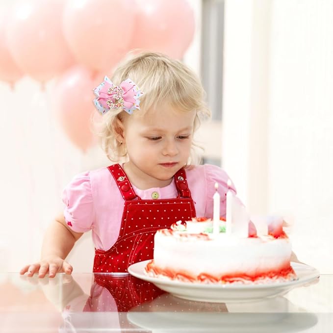 Birthday Hair Clips for Baby Girls - 2Pc Pink Sprinkle Bow Hair Clips for 3rd Birthday Glitter Ice Cream Baby Bow Party Decorations for Girls Toddlers Hair Accessories (Pink-3 Years)