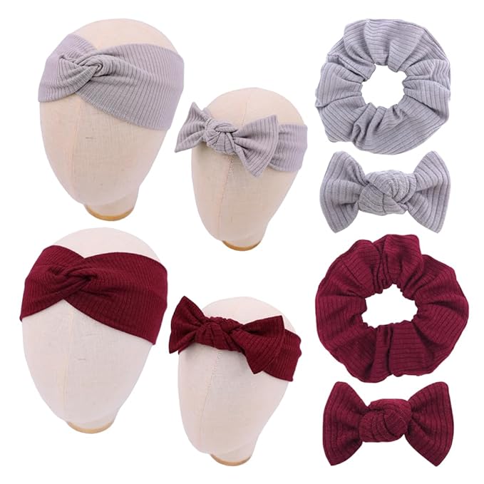 Sugarmelon Mommy and Me Headband Set Mother Baby Matching Turban Headbands for Toddler Baby Girls Women Scrunchies Hair Bow Hairbands (Silver/Wine)