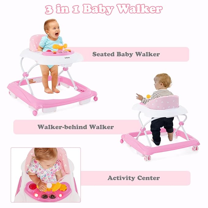 INFANS Foldable Baby Walker, 3 in 1 Toddler Walker Leaning-Seated Walk-Behind with Removable Music Tray, Adjustable Height, Washable Seat Cushion for Boys and Girls (Heart)