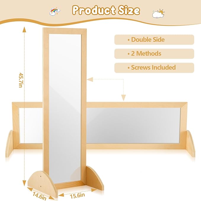 Lineshading Double Sided Bi Directional Infant Montessori Mirror Toddler Christmas Mirror Safety Shatterproof Wooden Baby Acrylic Non Glass Early Learning to Walk Kids
