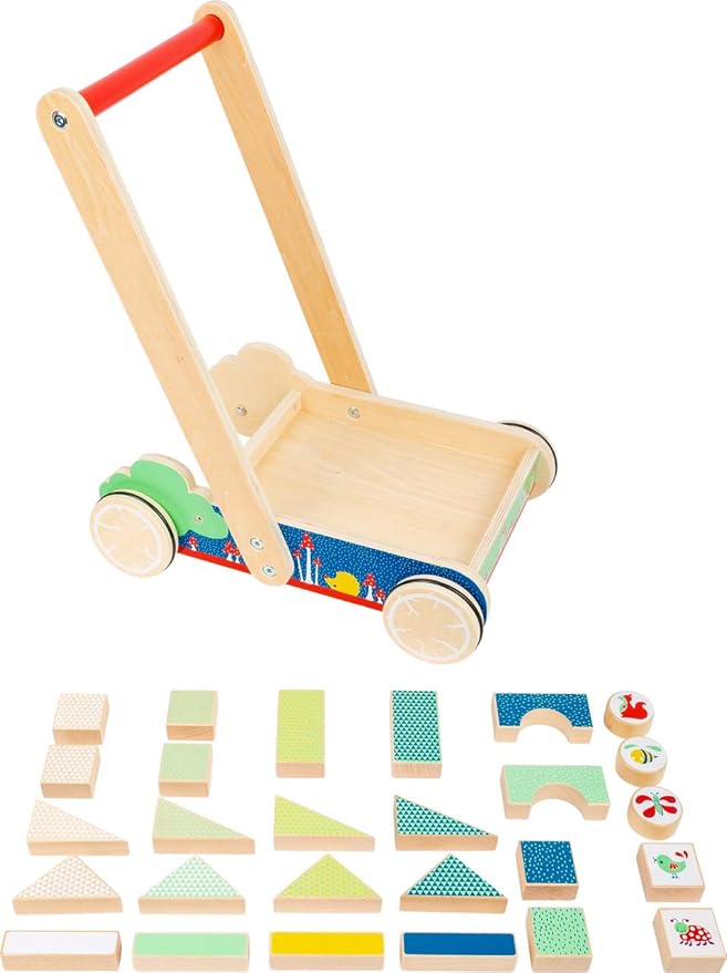 Small Foot 11435 11435Building Walker Move it, Made of Wood, with 27 Building Blocks with Prints, for Baby's First Steps Toys, Multicolored