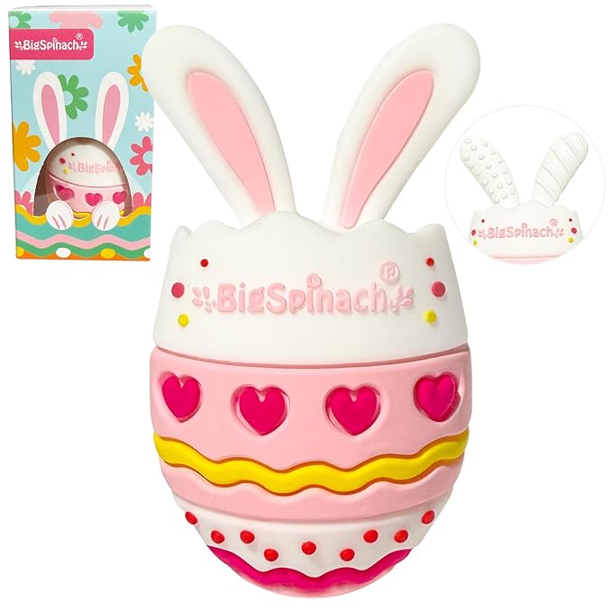 BIGSPINACH Easter Egg Baby Teether,Baby Teething Toy for Pain Relief,Silicone Bunny Rabbit Teether,Easter Gift for Babies,Sensory Toy for Boys & Girl (Pink)