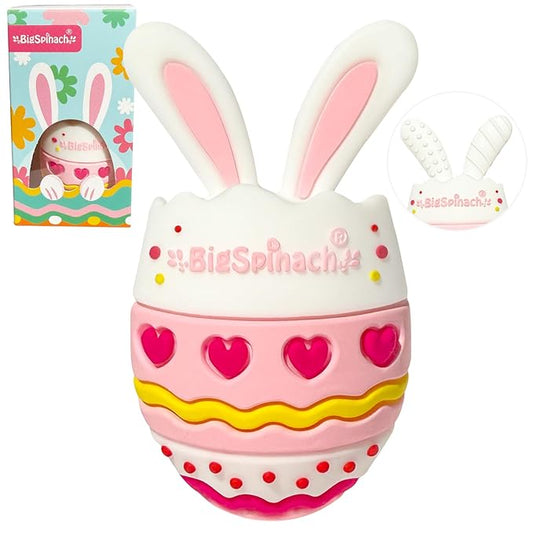 BIGSPINACH Easter Egg Baby Teether,Baby Teething Toy for Pain Relief,Silicone Bunny Rabbit Teether,Easter Gift for Babies,Sensory Toy for Boys & Girl (Pink)
