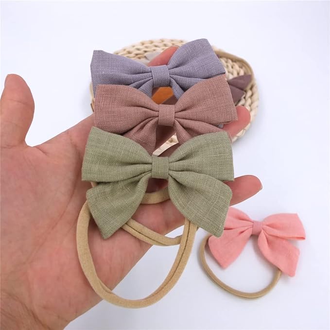 Sugarmelon Linen Bow Nylon Headband for Baby Newborn Infant Toddler Hair Bow Elastic Bands for Baby Girls Little Kids Headbands (Linen Sailor bow 3.2'')