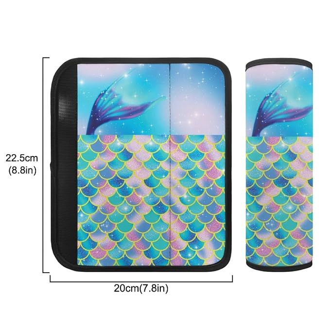 ENLACHIC Baby Car Seat Belt Cover, Cute Dinosaur Print Car Seat Shoulder Strap Pads, Infant Car Seat Cushion Safety Seatbelt Protector for Kids Boys Girls,Blue Pink Mermaid Scale
