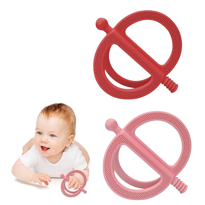 Baby Teething Toy, Nipple-Shaped with Easy-Hold Handle, Anti-Choking Design for Teething Relief, Teethers for Babies 0-36 Months, Textured Chewing Toys for Infants Toddlers (Red+Pink)