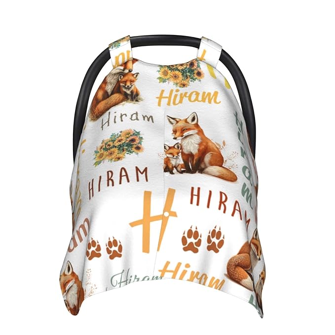 Personalized Cute Fox Baby Car Seat Cover for Girls Boys, Customized Baby Carseats Covers with Name, Custom Monogram Stroller Canopy Nursing Cover Breastfeeding Scarf for Newborn Infant New Mom