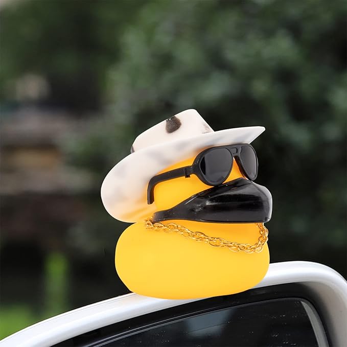 wonuu Car Duck Rubber Duck Car Ornaments Duck Car Dashboard Decorations with Cute Headband Swim Ring Necklace Sunglasses, A-Cowboy Hat White Black Spot