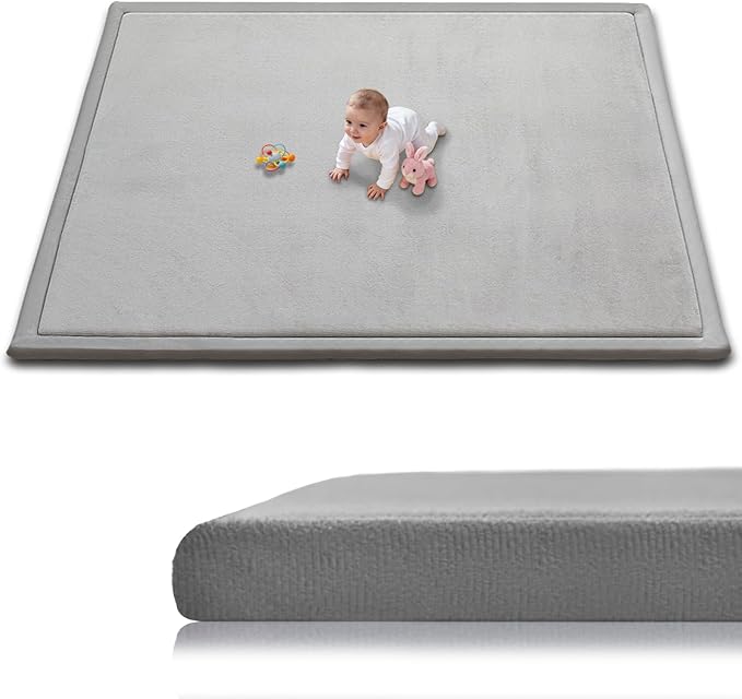 Baby Play Mat for Floor, 1.3 Inch Thick Memory Foam Tummy Time Mat with Non Slip Backing, Soft Coral Velvet 59X71 Inch Playpen Mat Crawling Tatami for Infants Toddlers Kids, Light Grey