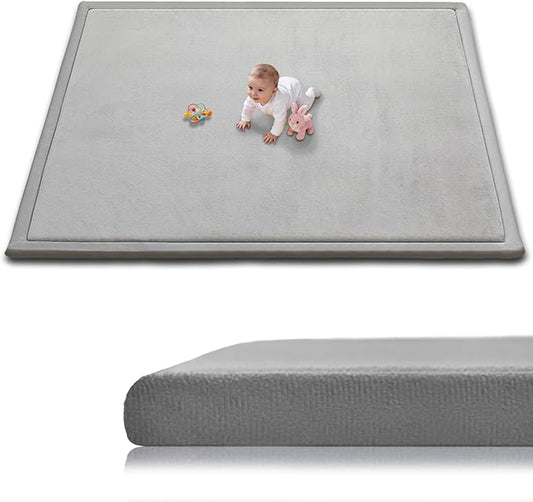 Baby Play Mat for Floor, 1.3 Inch Thick Memory Foam Tummy Time Mat with Non Slip Backing, Soft Coral Velvet 59X71 Inch Playpen Mat Crawling Tatami for Infants Toddlers Kids, Light Grey
