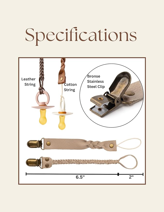 Little Bug Boutique 2-Pack Leather Baby Pacifier Clips - Neutral Pacifier Holders for Baby Girls & Boys, Paci & Binky Clips or Strap for Toys & Teethers (Soft Beige), Pacifier NOT Included