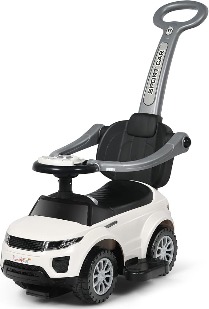 GLACER Push Cars for Toddlers 1-3, 3-in-1 Kids Sliding Car with Detachable Guardrail, Horn, Music, Lights, Storage Box and Anti-Roll Design, Ride on Push Car for Boys Girls(White)