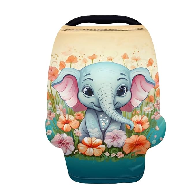 ZFRXIGN Flower Elephant Baby Car Seat Covers, Nursing Cover Breastfeeding Scarf Cartoon Cute Stretchy Coverage, Infant Stroller Cover for Boys Girls