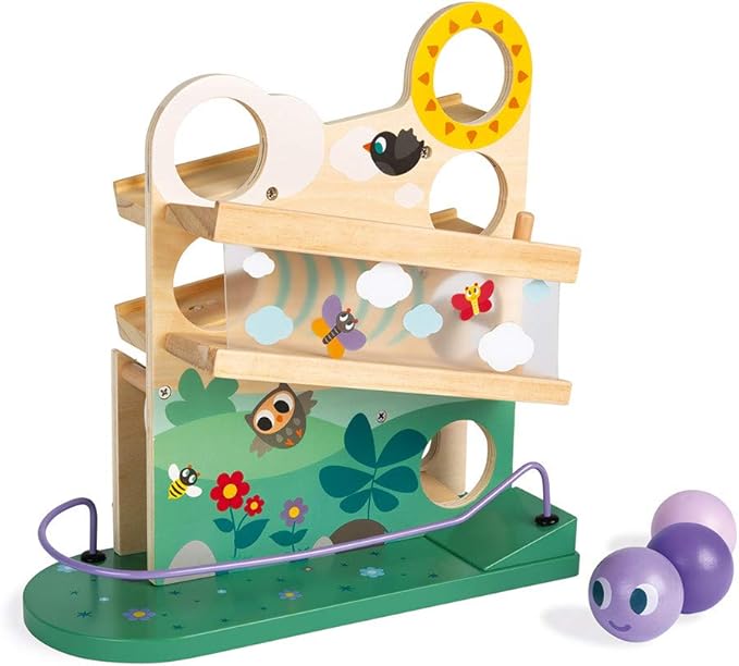 Janod - Wooden Caterpillar Ball Track 11.3x4.7x12 - Motor Skills Development - Boosts Imagination - Encourages Creative Play and Cognitive Growth - Safe Quality Materials