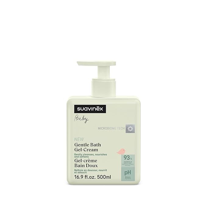 Suavinex Gentle Bath Gel Cream, Baby Shower Gel and Shampoo, Soap Free Baby Wash, Tear Free Suitable for Sensitive Skin and Newborns, 93% Natural Ingredients with Prebiotic, 16.9 fl oz.