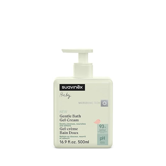 Suavinex Gentle Bath Gel Cream, Baby Shower Gel and Shampoo, Soap Free Baby Wash, Tear Free Suitable for Sensitive Skin and Newborns, 93% Natural Ingredients with Prebiotic, 16.9 fl oz.
