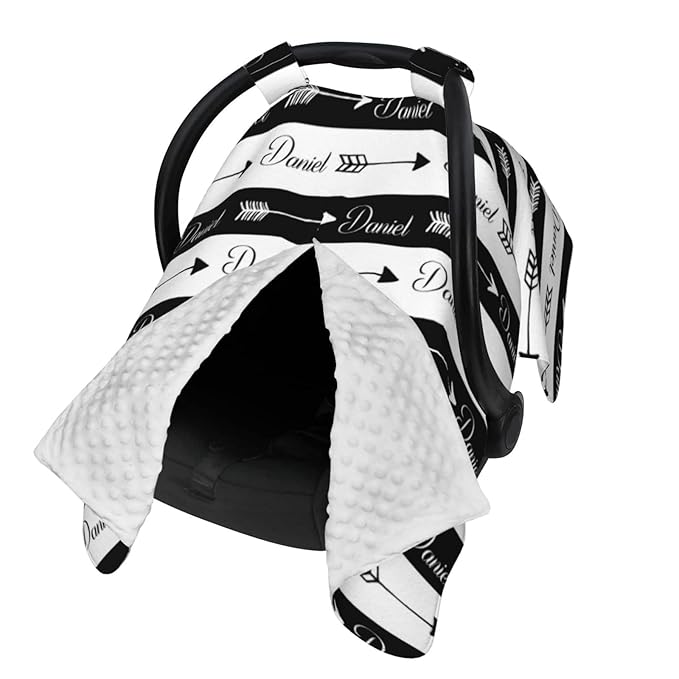 Personalized Baby Name Car Seat Covers with Tribal Arrows, Custom Carseat Canopy, Peekaboo Opening Nursing Wrap Breastfeeding Car Seat Canopies for Baby Boys Girls Newborn (Black Arrow Minky Dot)