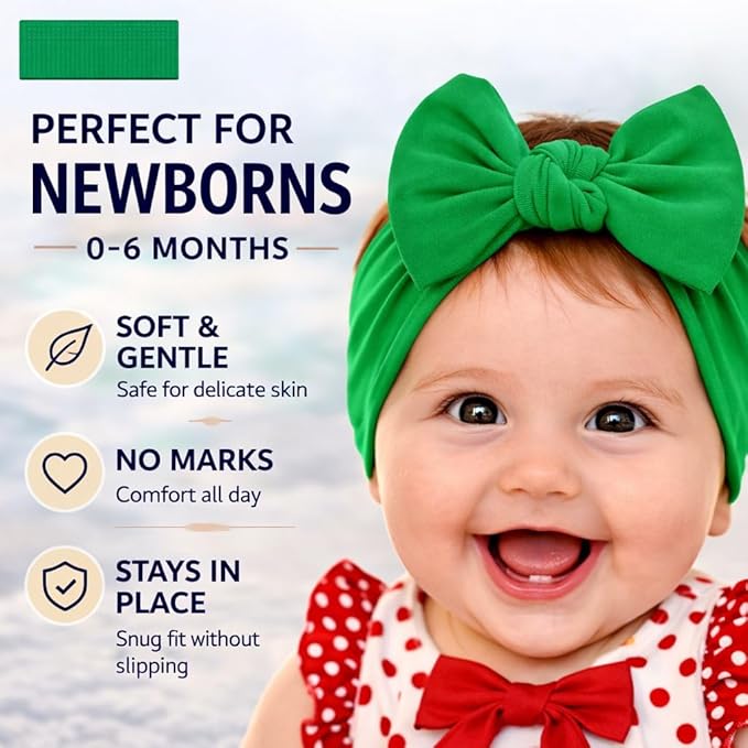 Baby Girl Headbands 0–6 Months – Newborn Infant Soft Cotton Handmade Bow Headband, Stretchy No Mark Baby Hair Accessories (Spring Green, 0-6 Month)