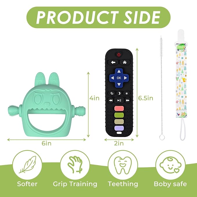 Teething Toys 3-18 Months Baby Teether Toy Toddler Remote Teether for Babies Silicone Hand Teether Mitten Control Remote Teething Glove Set, BPA Free