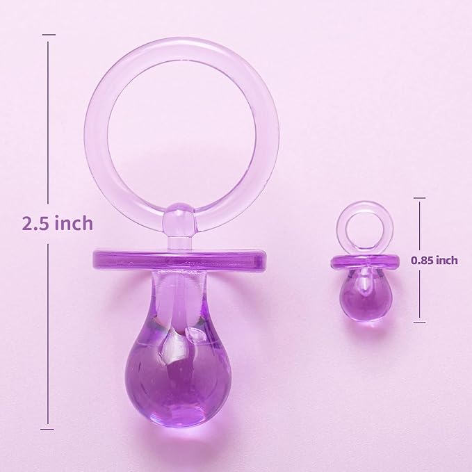 ZYFLSQ 24 Baby Shower Pacifiers Necklace，2.5 inch Acrylic Pacifier Charm Suitable for Party Favors Decorations (Purple)