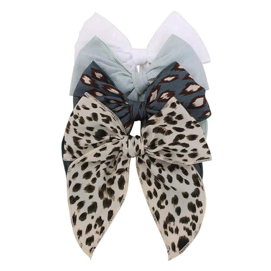 Pack of 4 Gorgeous Fable Bow Hair Clips for Girls Women Linen Hair Bow Alligator Clips Toddler Baby Mom Young Girl Hair Accessories (Leopard)