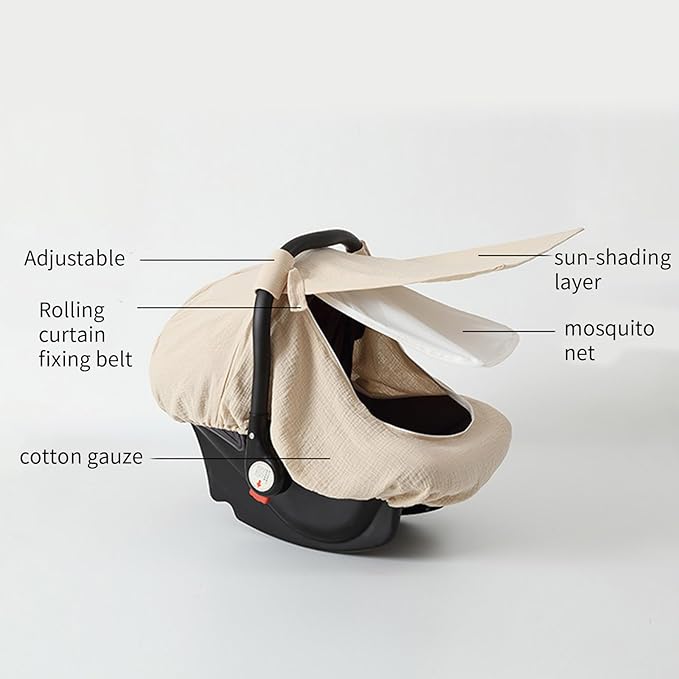 Yuly Baby Car Seat Cover - Stretchy Canopy with Breathable Mesh - Universal Fit - Beige Cotton, Mesh - Not Water Resistant
