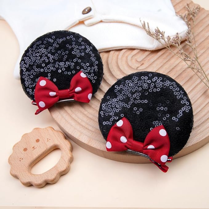 2 Pairs Red Dot Mouse Ears Hair Clips & Mouse Hair Bows Barrettes for baby Girls Accessories Birthday Party Decorations Gift
