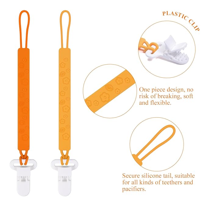 One Piece Design Silicone Pacifier Clip Holder for Baby Boys and Girls,Pack of 4 Flexible Paci Leash,Binky Clips,Newborn Essentials (Flowers & Leaves, Yellow)
