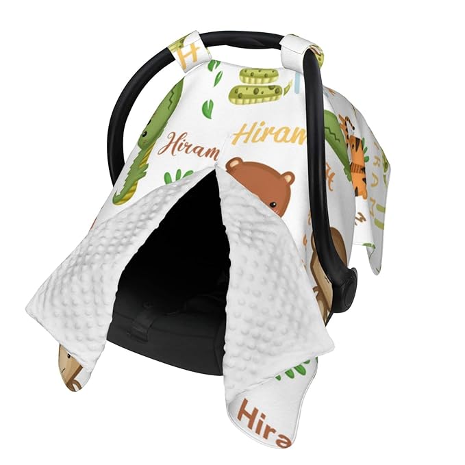 Personalized Cute Animal Baby Car Seat Canopy for Babies, Custom Baby Carseat Covers with Name, Peekaboo Opening Nursing Breastfeeding Cover, Stroller Canopies for Newborn Infant