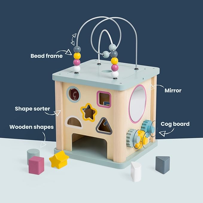 Bigjigs Toys Wooden Activity Cube - 100% FSC® Certified Busy Centre with Shape Sorter & Bead Maze, Sustainable Sensory Toys for 1 Year Old, 22cm W x 23cm H