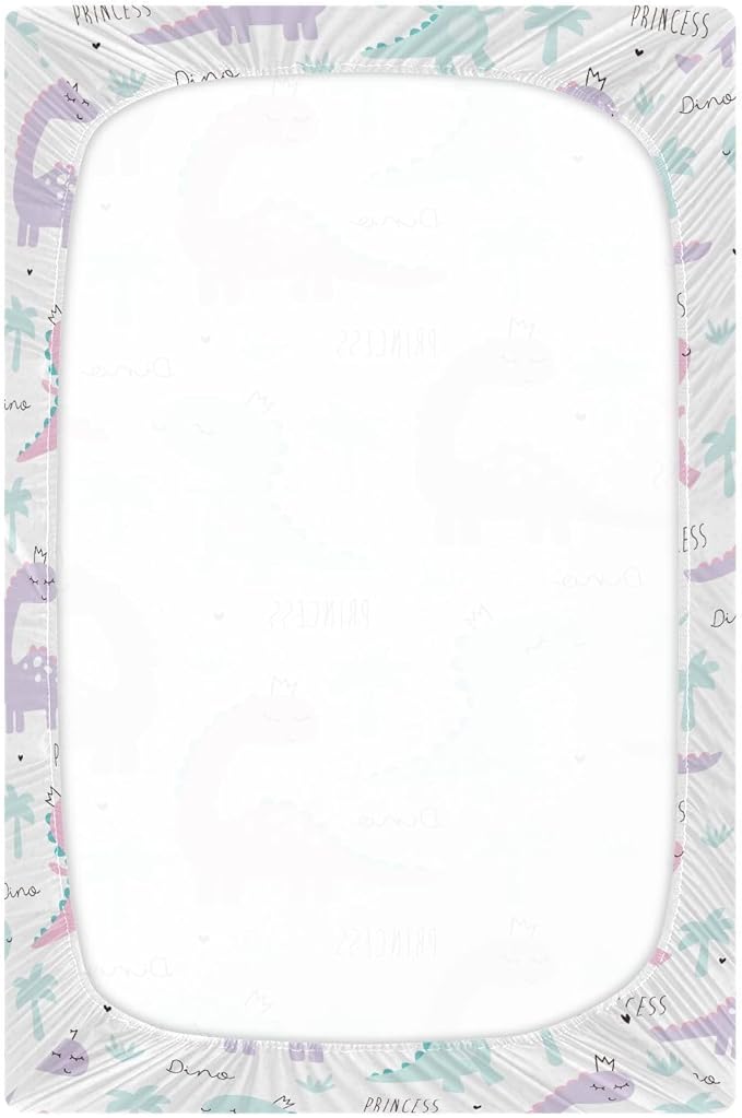 Fitted Crib Sheets Dinosaur Princess Pink Green Stretchy Portable Playard Sheets for Baby Toddler, Breathable Soft Mini Crib Mattress 39 x 27 in for Boys and Girls