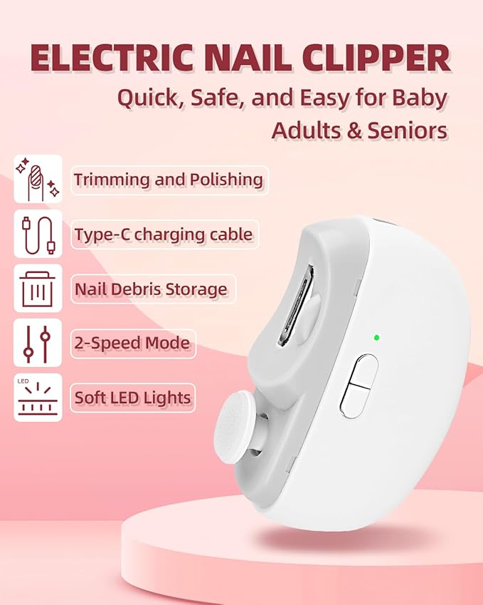2026 Upgraded Electric Nail Clipper, 3 in 1 Automatic Nail Trimmer and Polisher with LED Light & Clip Storage,USB Rechargeable - 2 Speeds Electric Nail File for Baby, Adults, Seniors