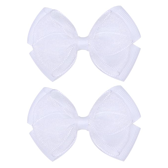 Tiny 3 Inch Organza Double Hair Bow Clips - Lined Boutique Alligator Hairpin for Baby Girls, Toddlers, and Little Teens - Kids Barrettes Set of 2 Small Stylish (White)