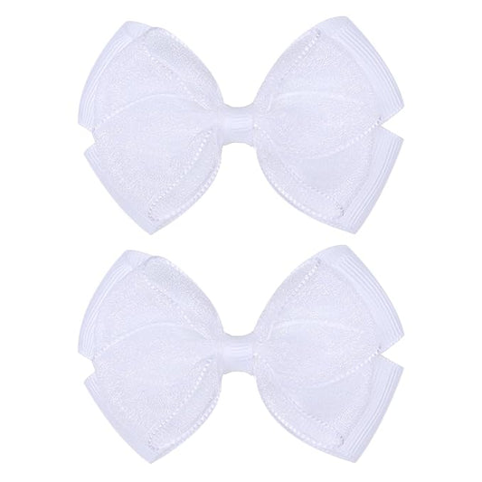 Tiny 3 Inch Organza Double Hair Bow Clips - Lined Boutique Alligator Hairpin for Baby Girls, Toddlers, and Little Teens - Kids Barrettes Set of 2 Small Stylish (White)