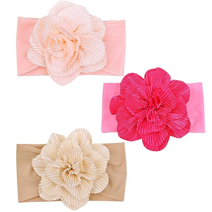 Large Flower Elastic headband for Baby Girl Infant Soft Fabric Chiffon Floral Hairband Toddler Newborn Christening Baptism Hair Accessories (Flower 1 - Rose Pink, Elastic)