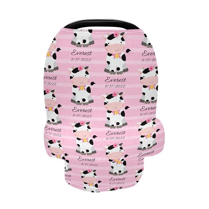 Personalized Baby Car Seat Cover for Babies, Custom Name Baby Car Seats Canopy for Girls, Nursing Breastfeeding Stroller Covers for Infant Newborn, Shower Gift for Baby (Cute Cow Pink)