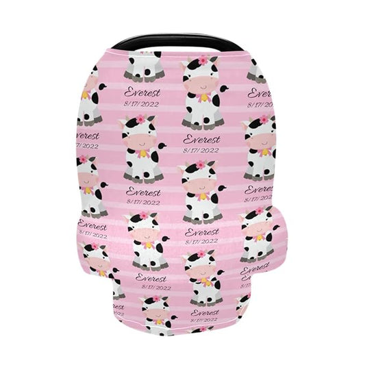 Personalized Baby Car Seat Cover for Babies, Custom Name Baby Car Seats Canopy for Girls, Nursing Breastfeeding Stroller Covers for Infant Newborn, Shower Gift for Baby (Cute Cow Pink)