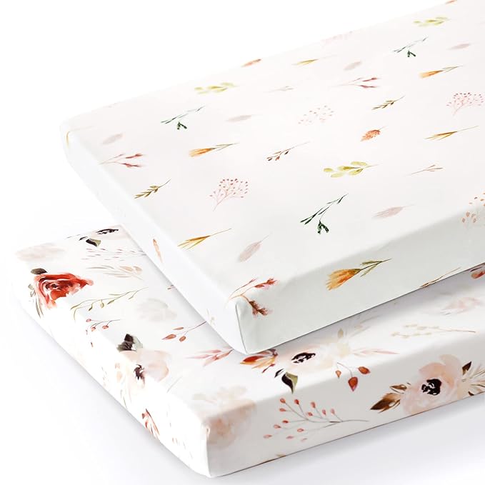 Stretchy Ultra Soft Jersey Knit Pack n Play Sheets Set 2 Pack, Portable/Mini Crib Sheets with Deep Pocket, Universal Fit Playard Pads Safe and Snug, Pretty Rose Flora for Girls, Orange Pink