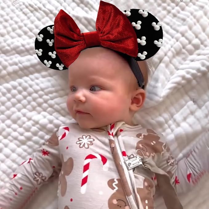 JIAHANG Baby Girls Adjustable Mouse Ear Hair Bow Headband with Beadings, Fashion Velvet Hair Bow Hairband for Infant Toddler School Girls