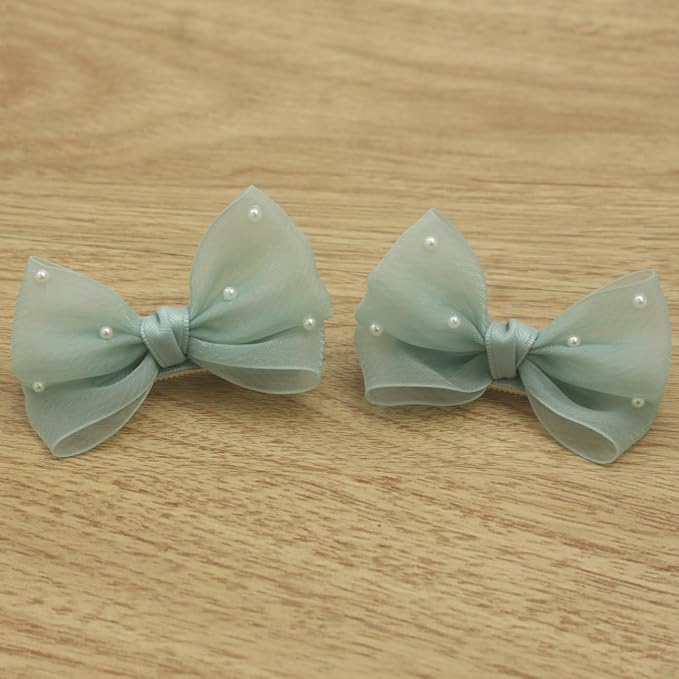 Nihao Baby Pearl Light Green Bow Hair Clips for Little Girl - 2Pcs