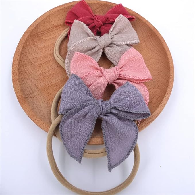 Sugarmelon Linen Bow Nylon Headband for Baby Newborn Infant Toddler Hair Bow Elastic Bands for Baby Girls Little Kids Headbands (Linen Fable bow 3'')