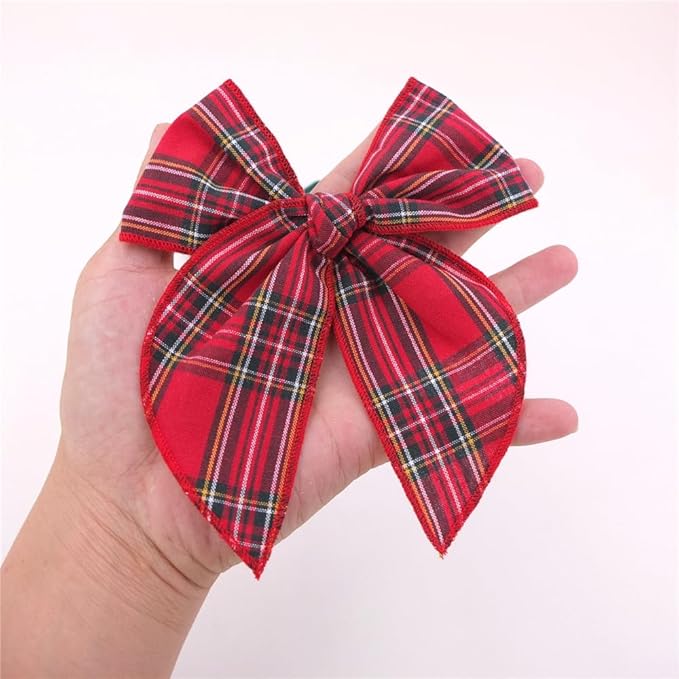 Velvet Plaid Bow Hair Clips and Accessories for Little Girls and Baby Moms - Red Green White Christmas Fable (4 Pack)