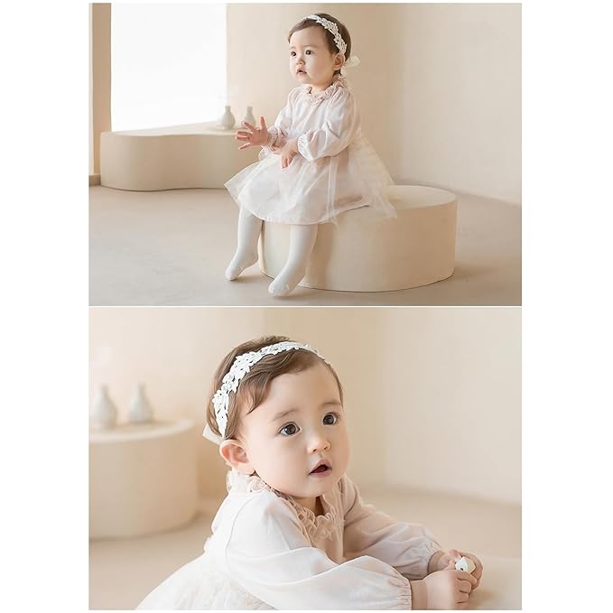 Baby Girls Hairband White Bow Lace Headbands Handmade Soft Stretchy Wide Head Band Newborn Hairbands with Bows Pearls Elastic Headband for Infant Hair Accessories（White Flowers）