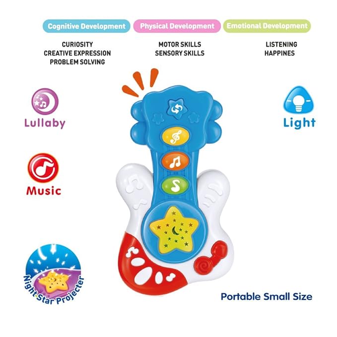 WEofferwhatYOUwant Baby Musical Guitar – First Instrument for Babies 6+ Months with Lights, Sound Effects, 3 Play Modes, BPA-Free, Batteries Included, Travel Ready, Ideal Gift for Toddlers