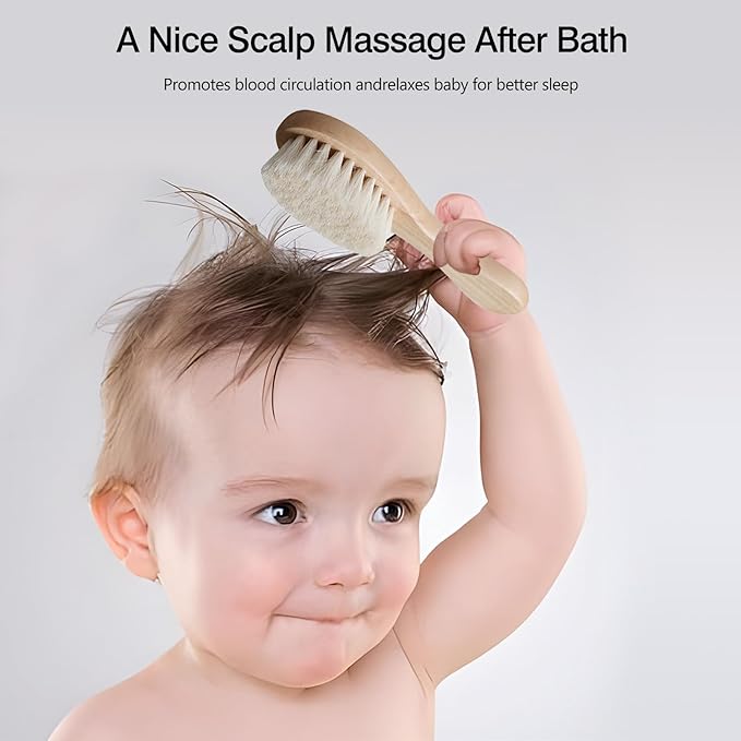 2 Pack Baby Hair Brush with Wooden Handle and Super Soft Goat Bristles for Newborns Toddlers