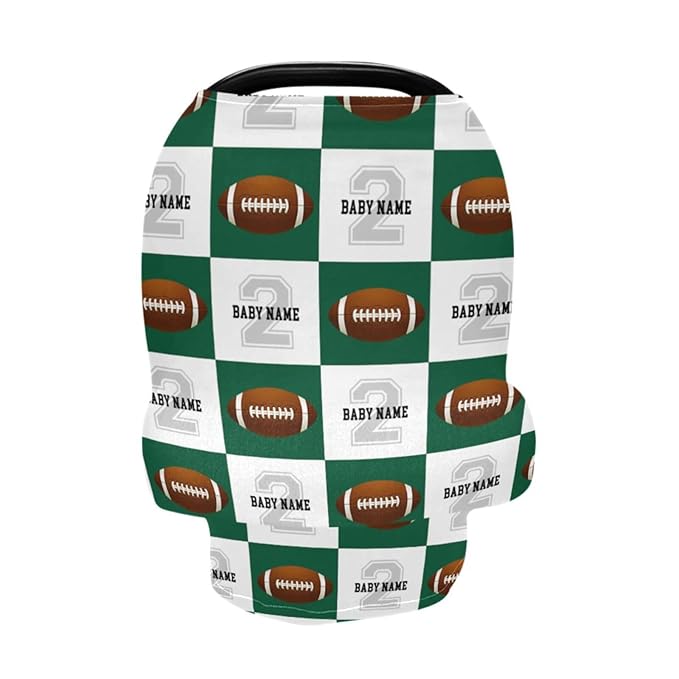 Personalized Baby Car Seat Cover for Babies, Custom Name Baby Car Seats Canopy for Boys Girls, Football Green Nursing Breastfeeding Stroller Covers for Infant Newborn, Shower Gift for Baby
