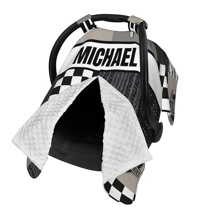 Custom Baby Car Seat Canopy with Name, Personalized Baby Car Seats Covers for Baby Boy, Motorcycle Opening Minky Nursing Breastfeeding Cover for Infant, Carseat Canopies for Newborn