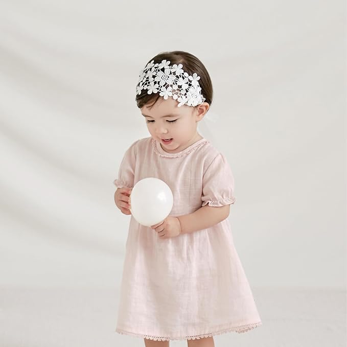 Baby Girls Flower Headbands Cute Kids Christening Headband Soft Lace Hairbands Floral Crown Newborn Infant Toddlers Hair Accessories for Birthday Party Photography(Beige Flowers)