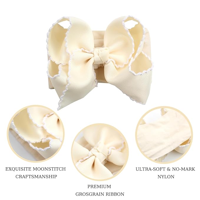 6'' Jumbo Beige Baby Girls Bow Headbands, Handmade Grosgrain Moonstitch Boutique Baby Headwraps, Super Stretchy Soft Nylon Headbands for Newborns, Infants & Toddlers